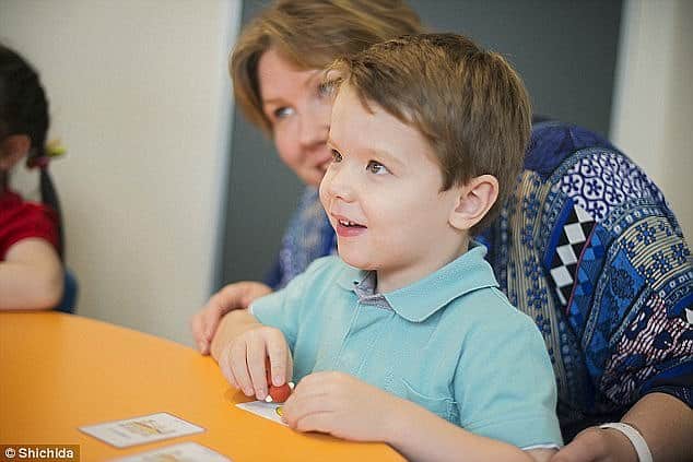 Happy child and parent in Shichida class