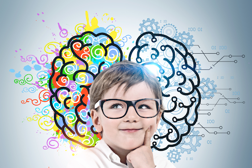 Right and left brain drawing with child in centre