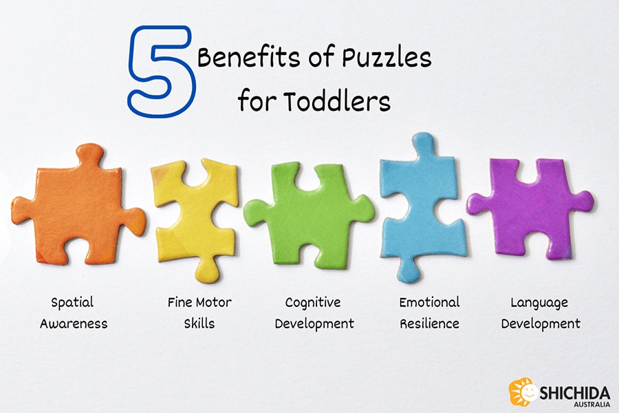 An image showing 5 puzzle pieces - each piece represents a benefit of puzzles for toddlers.